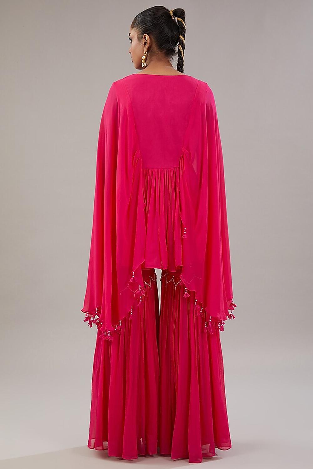 Fuscia Pink Georgette Geometric Embroidered Kaftan With Garara Set.