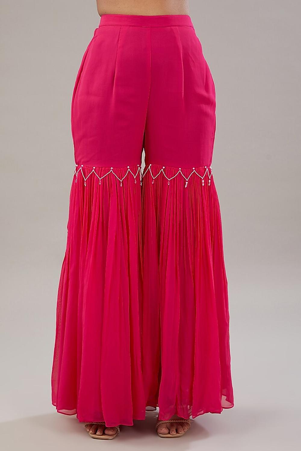 Fuscia Pink Georgette Geometric Embroidered Kaftan With Garara Set.