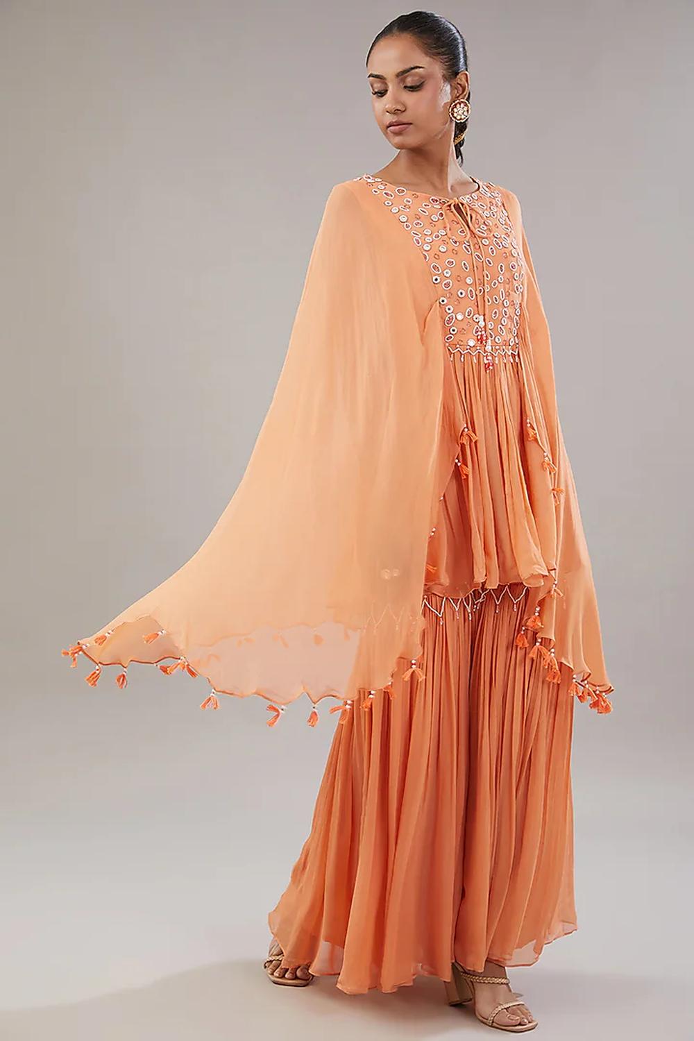 Peach Georgette Geometric Embroidered Kaftan With Garara Set.