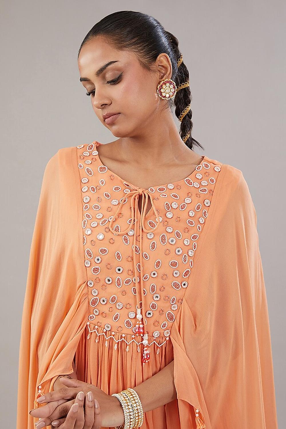 Peach Georgette Geometric Embroidered Kaftan With Garara Set.