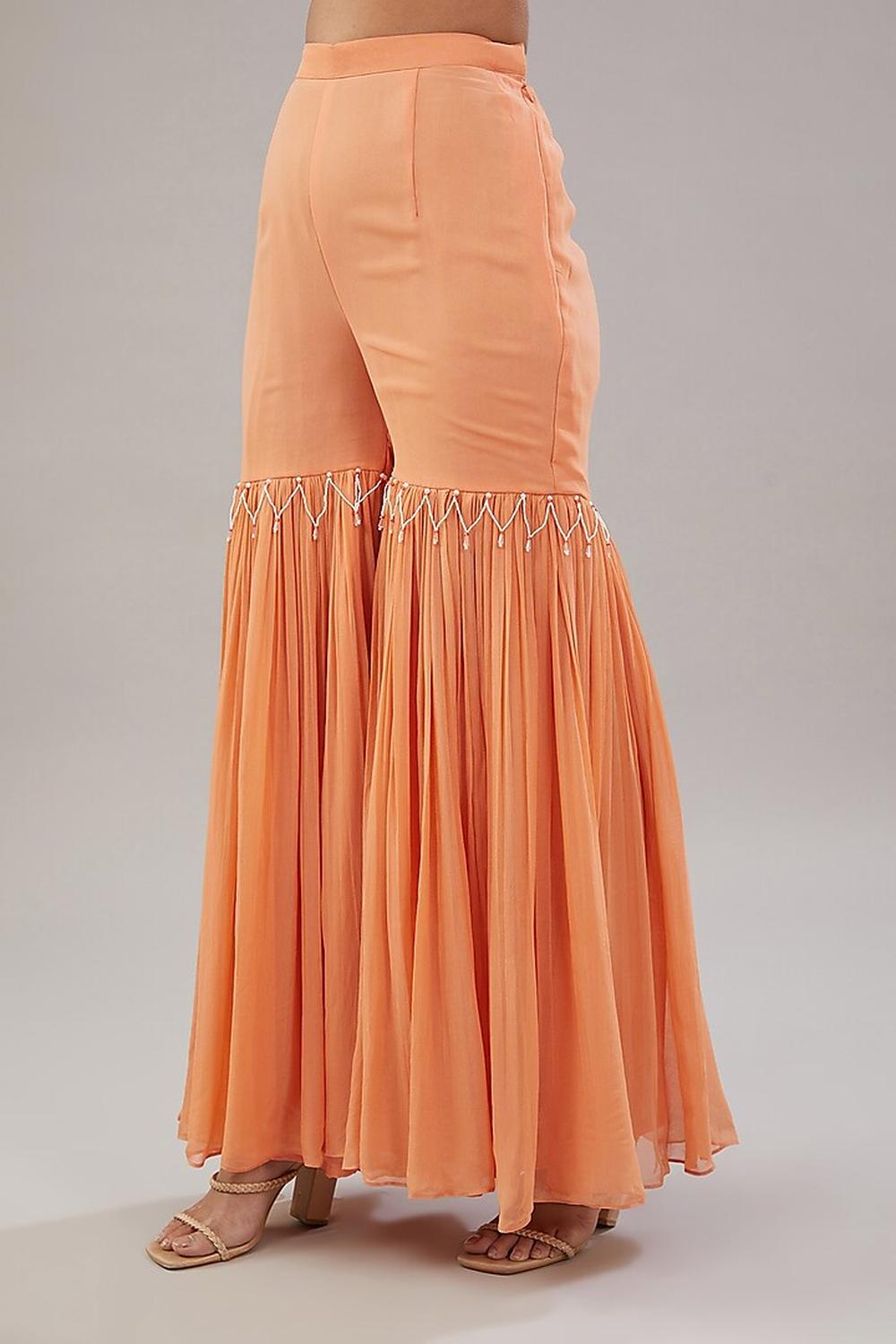 Peach Georgette Geometric Embroidered Kaftan With Garara Set.