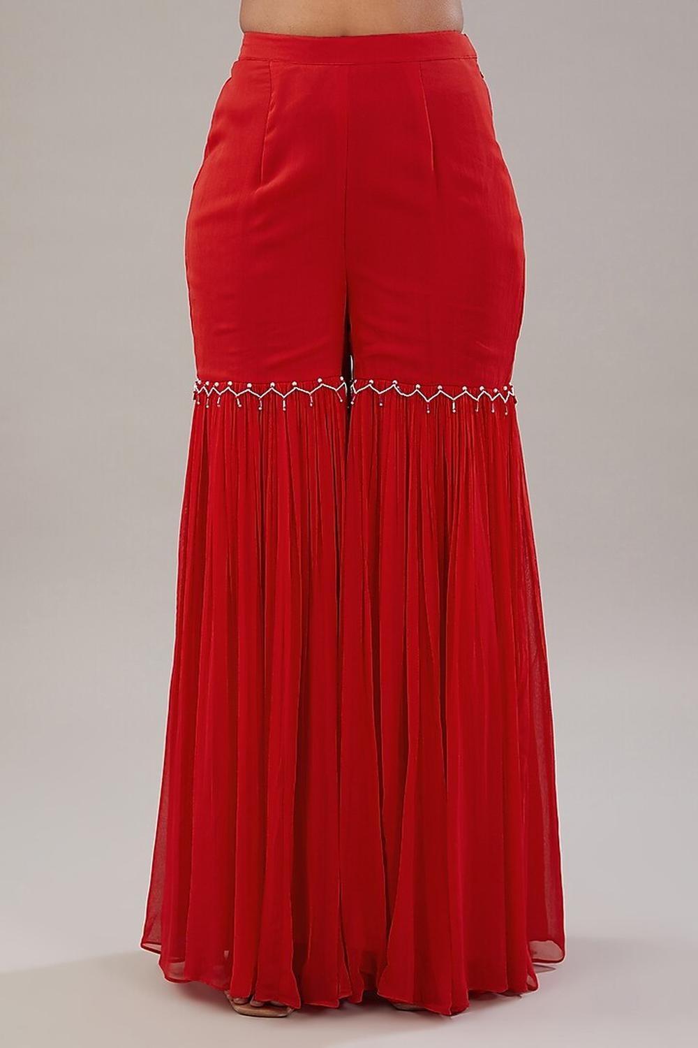Red Georgette Floral Embroidered Kaftan With Garara Set.