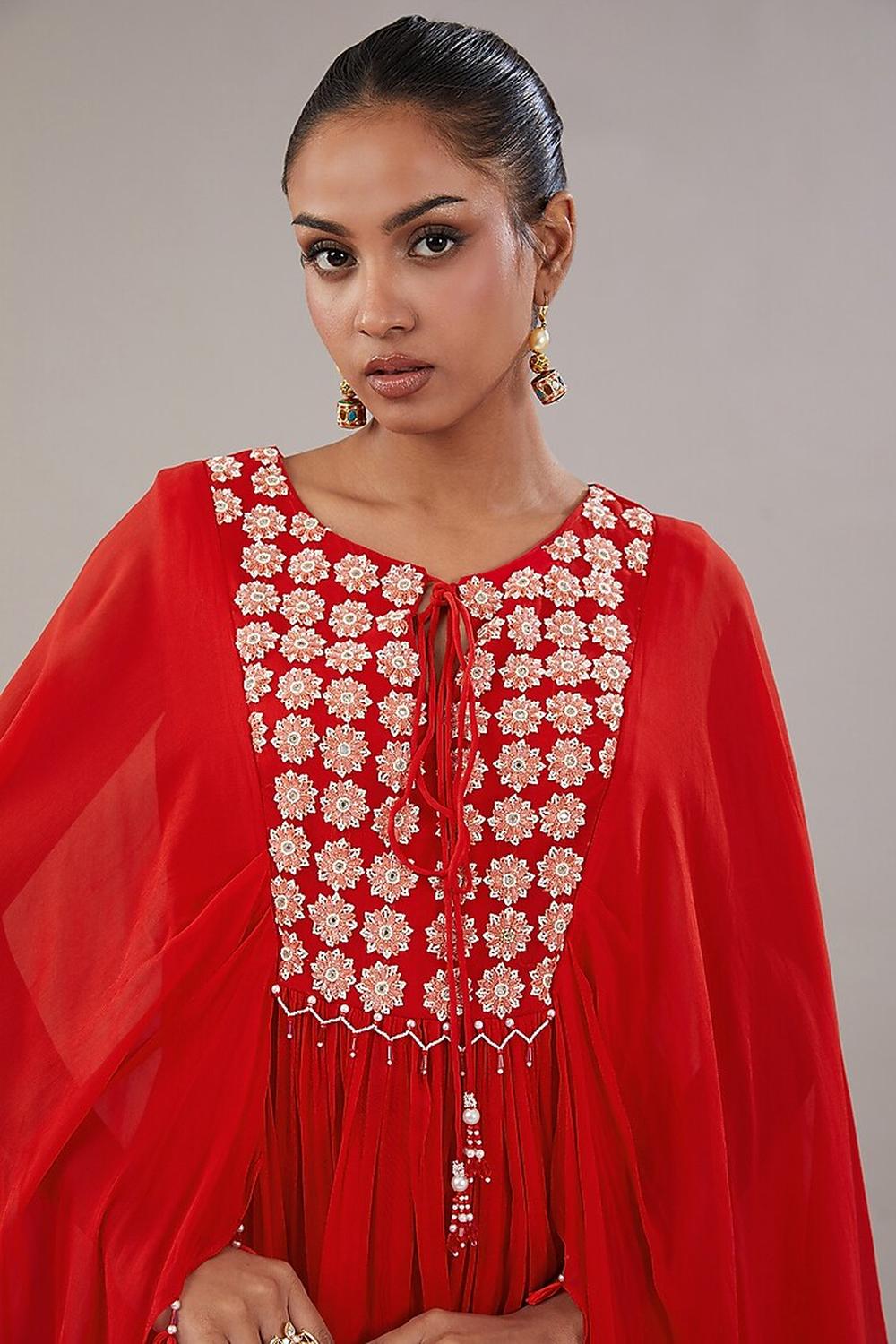 Red Georgette Floral Embroidered Kaftan With Garara Set.