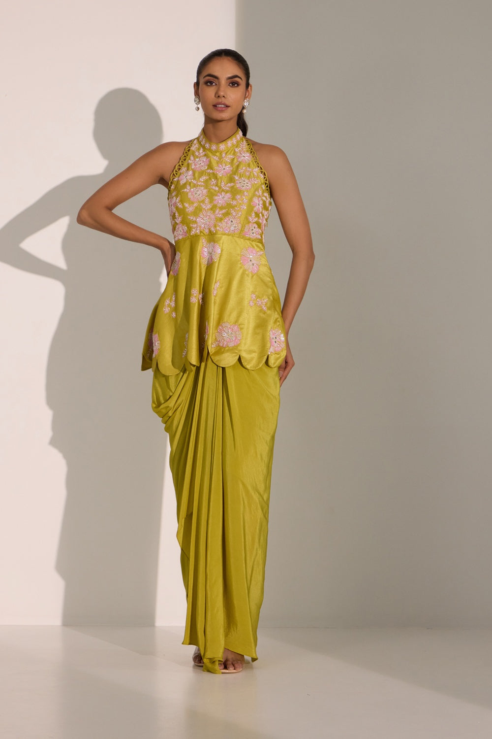 Lime Green Peplum With Drepe Skirt.