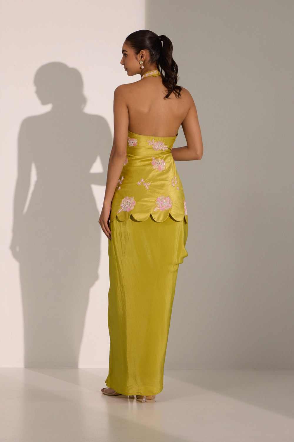 Lime Green Peplum With Drepe Skirt.
