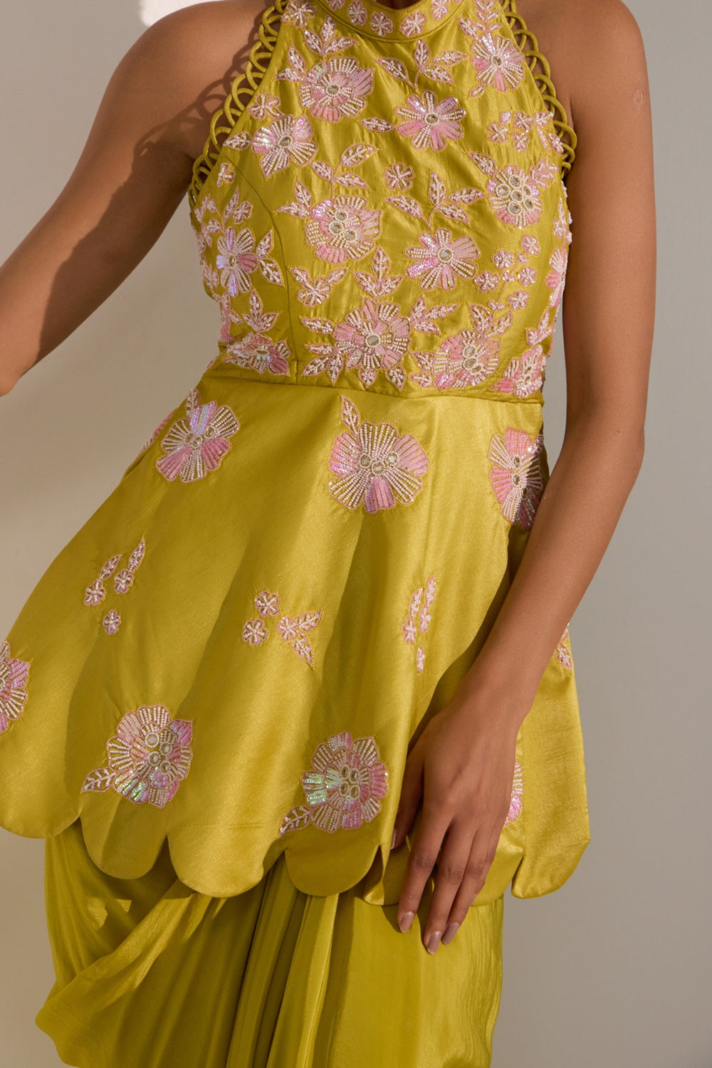 Lime Green Peplum With Drepe Skirt.