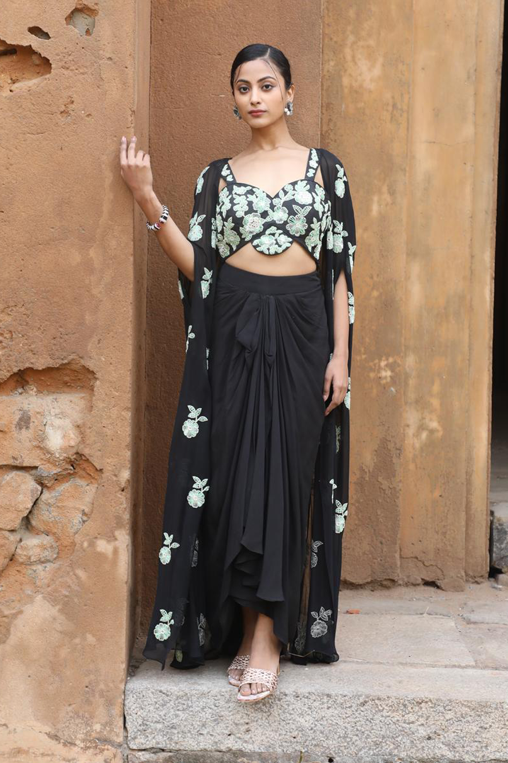 Black Drape Skirt With Bustier And Cape Set