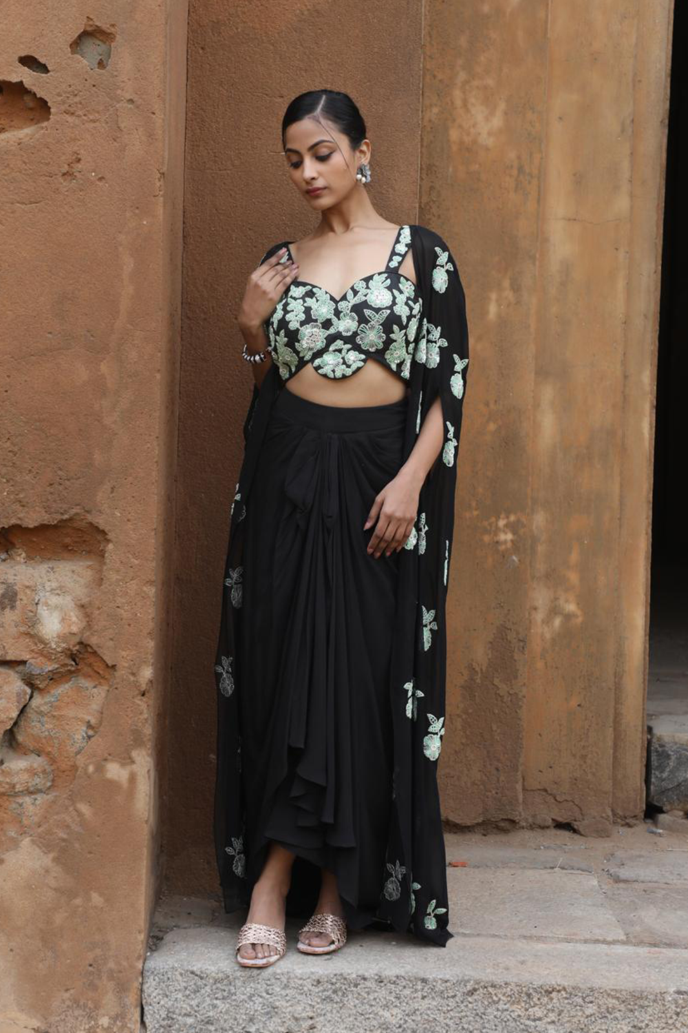 Black Drape Skirt With Bustier And Cape Set