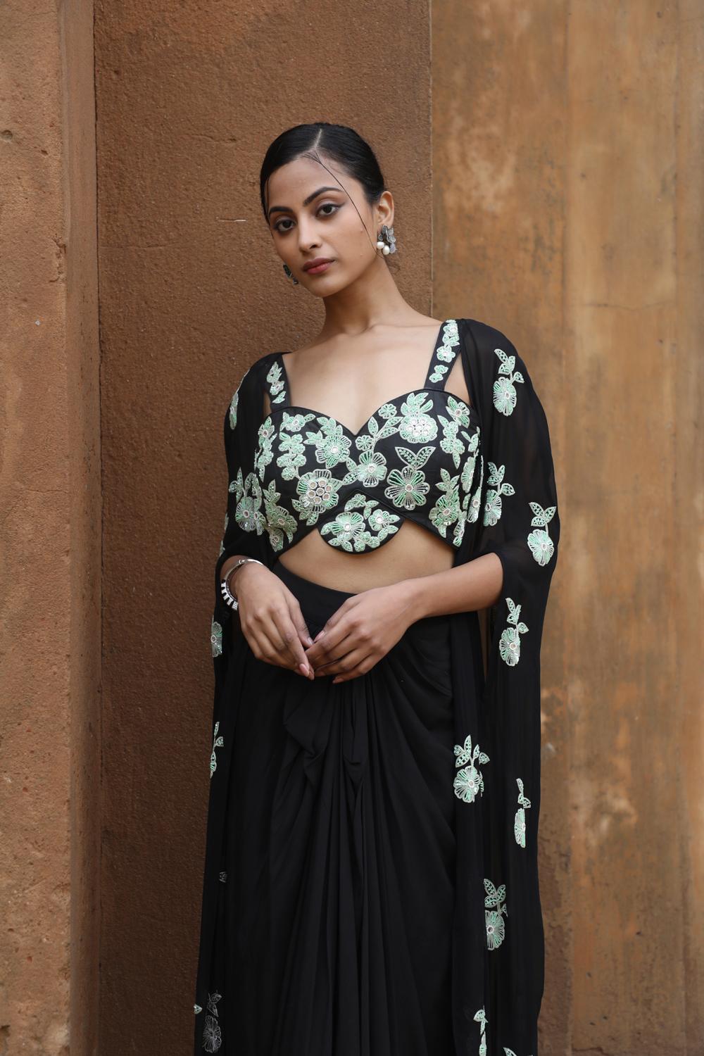 Black Drape Skirt With Bustier And Cape Set