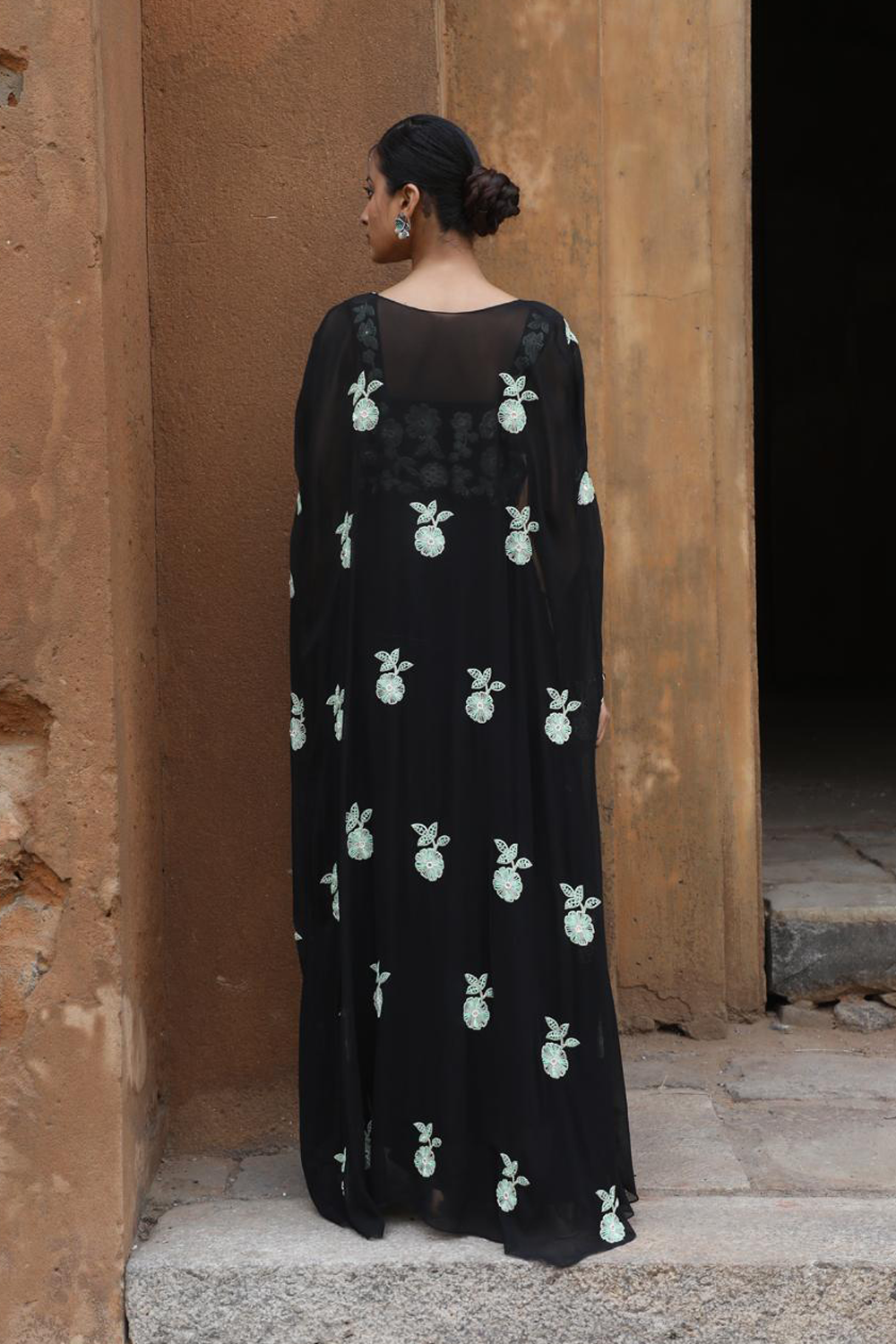 Black Drape Skirt With Bustier And Cape Set