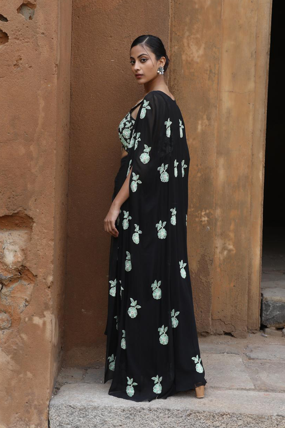 Black Drape Skirt With Bustier And Cape Set