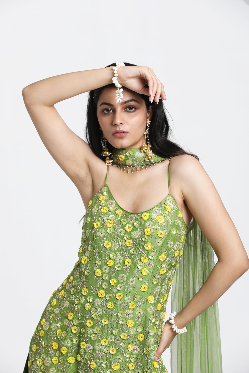 Green Straight Suit With Geather Garara & Dupatta Set