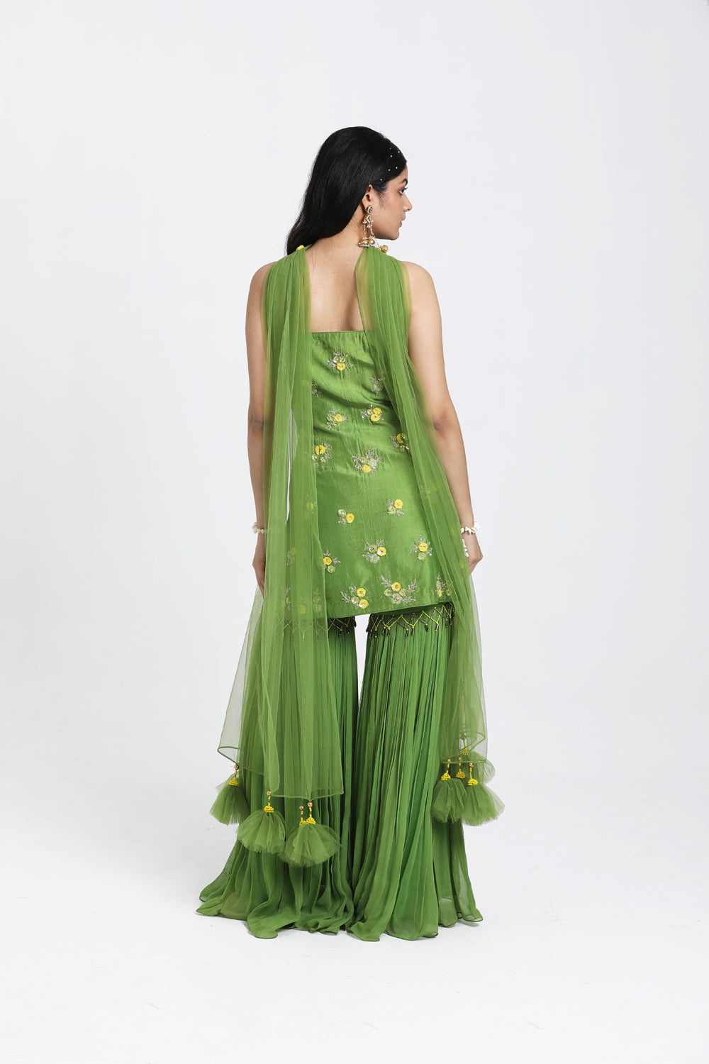 Green Straight Suit With Geather Garara & Dupatta Set