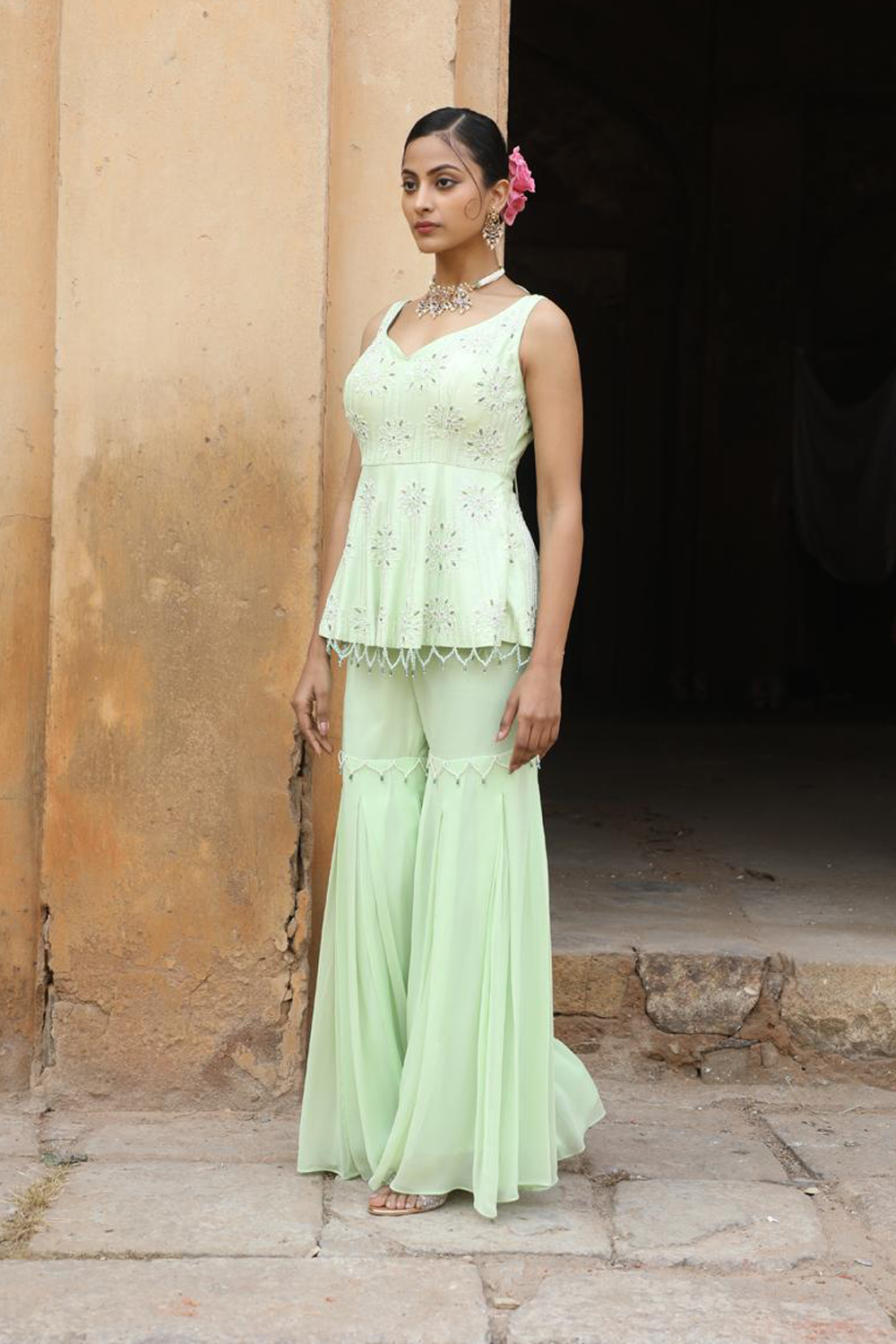 Mint Green Peplum With Box Pleat Garara Set