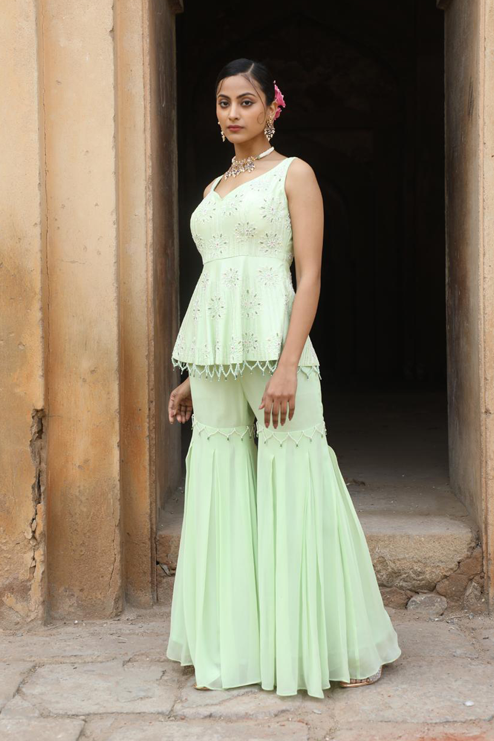 Mint Green Peplum With Box Pleat Garara Set
