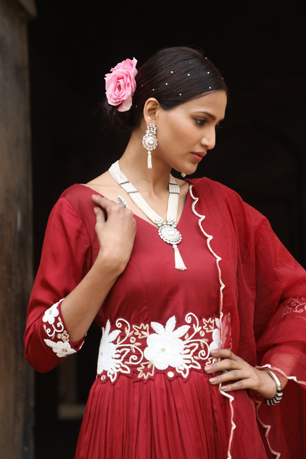 Maroon Anarkali Set With Detachable Belt And Organza Dupatta