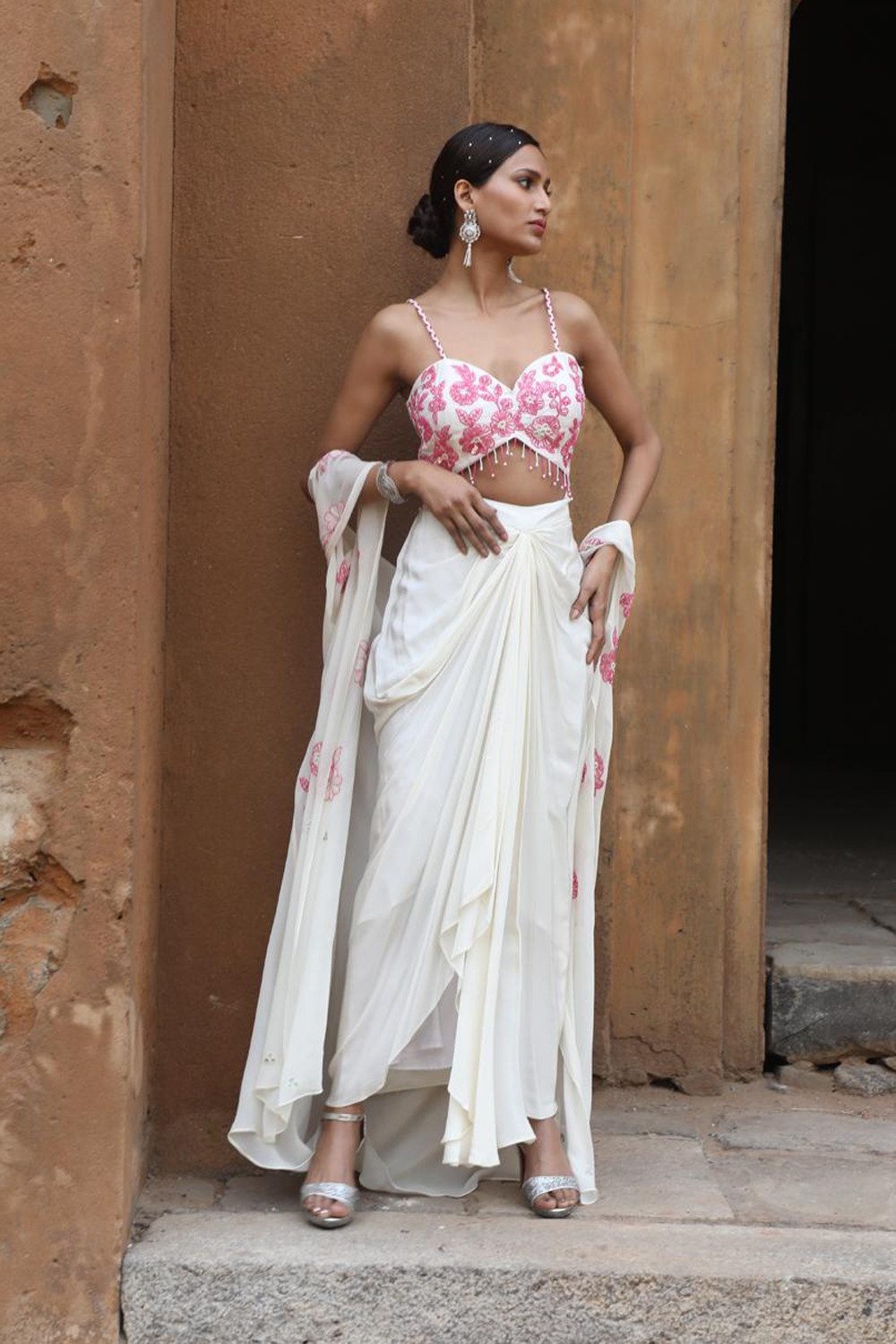 Ivory Drape Skirt With Bustier And Cape Set