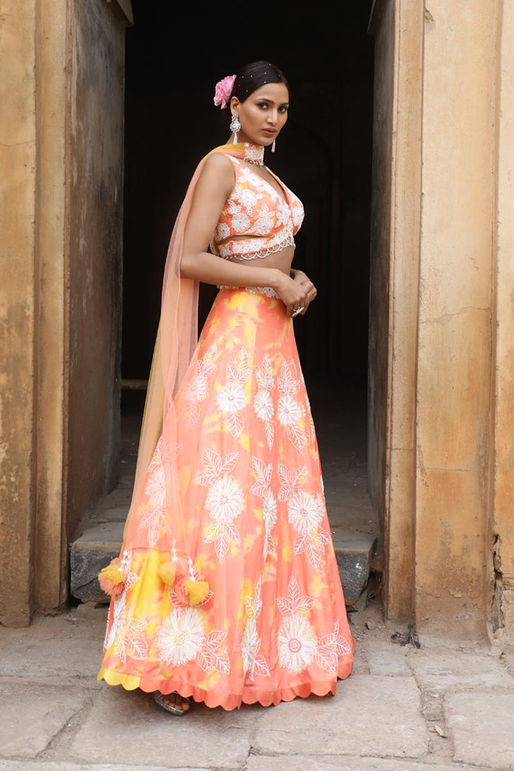 Peach- Yellow Tie-Dye Lehenga Set With Choker Dupatta