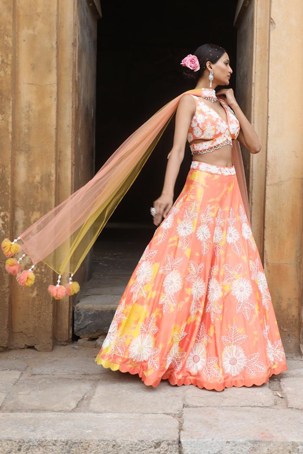 Peach- Yellow Tie-Dye Lehenga Set With Choker Dupatta