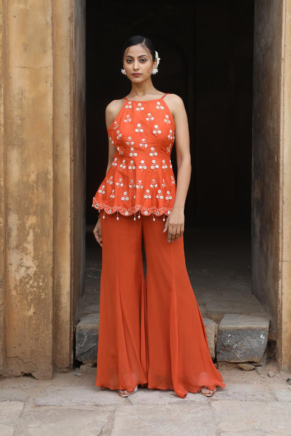 Rust Peplum With Inserted Sharara Set