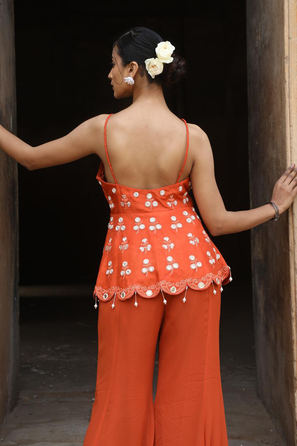 Rust Peplum With Inserted Sharara Set