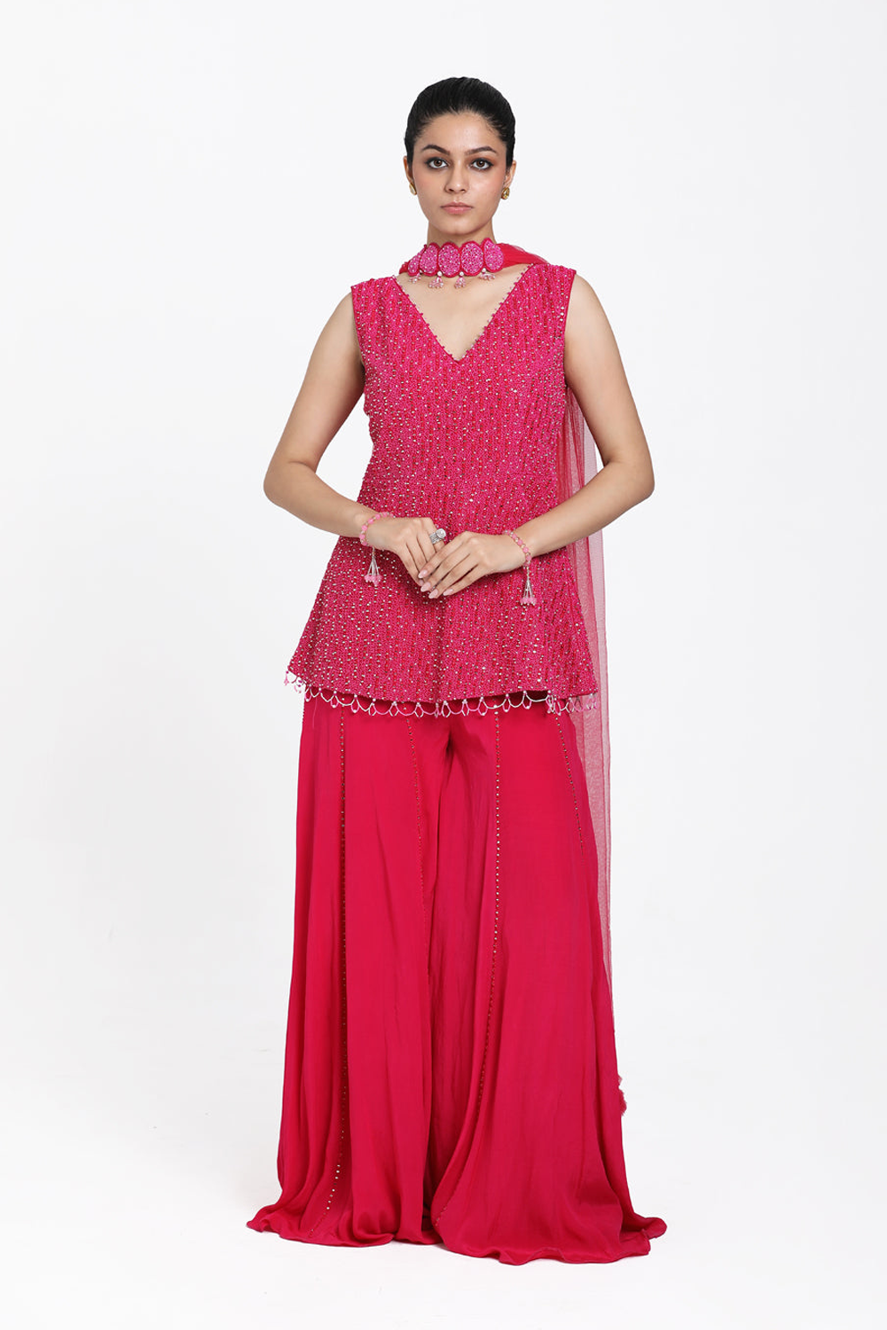 Fuscia Pink Peplum With Inserted Sharara & Chokar Dupatta Set.