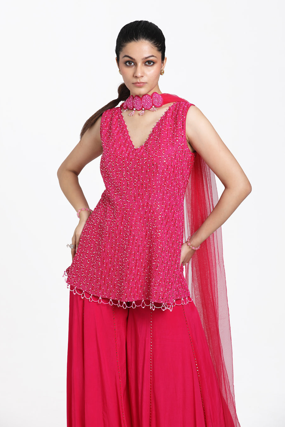 Fuscia Pink Peplum With Inserted Sharara & Chokar Dupatta Set.