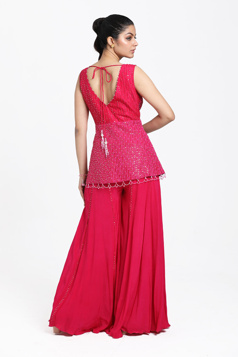 Fuscia Pink Peplum With Inserted Sharara & Chokar Dupatta Set.