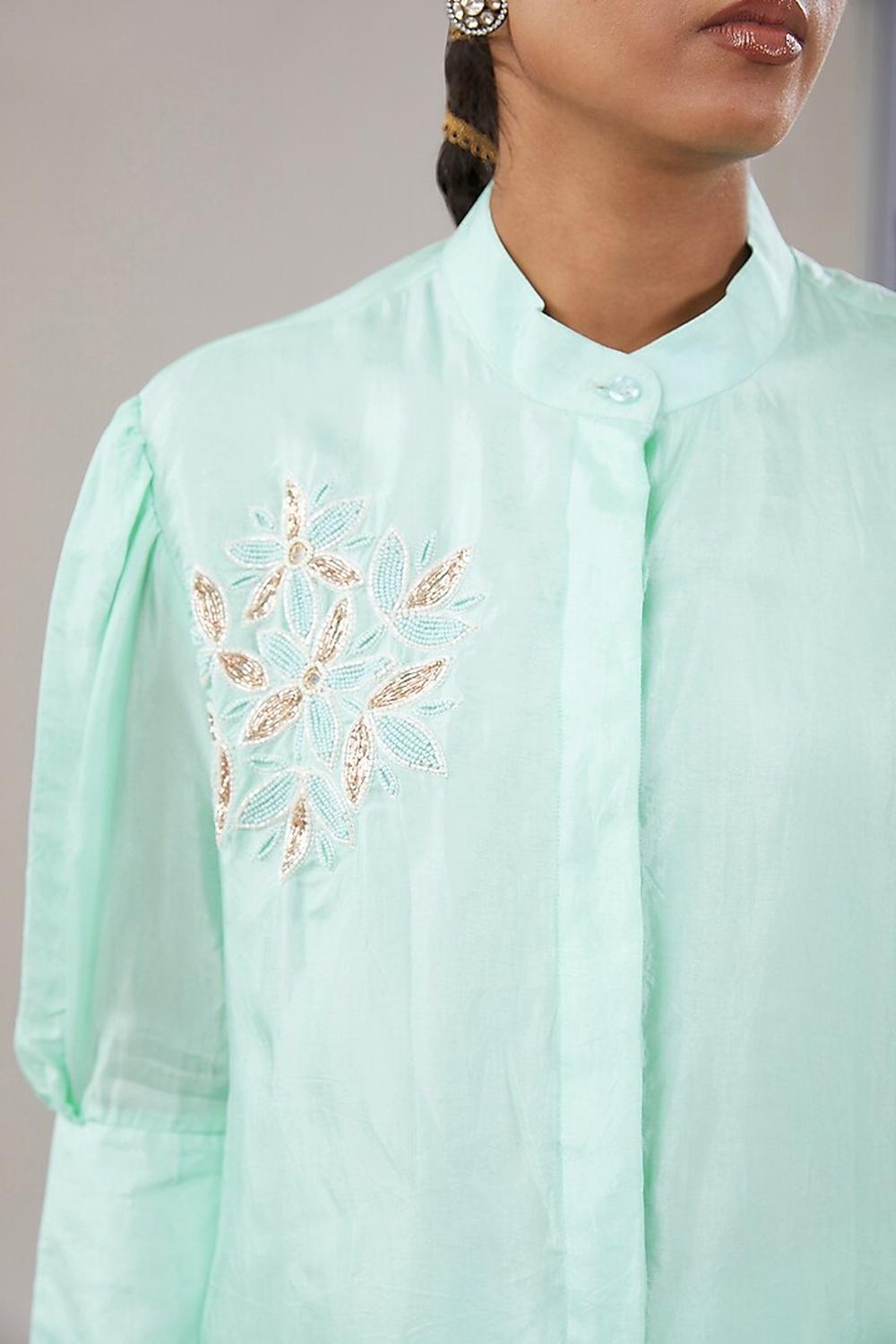 Aqua Blue Silk Floral Embroidered Shirt And Pant.