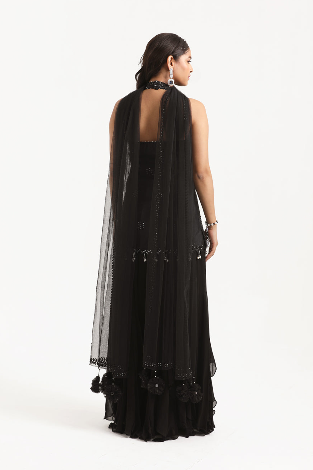 Black Halter Neck Straight Suit With Inserted Sharara Set