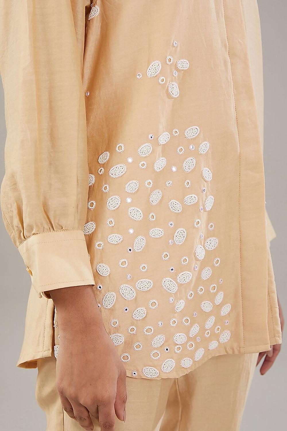 Beige Silk Geometric Embroidered Shirt And Pant.