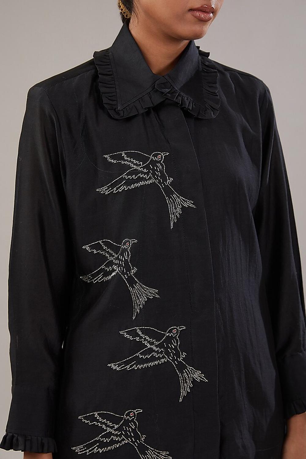 Black Silk Bird Embroidered Shirt With Pant.