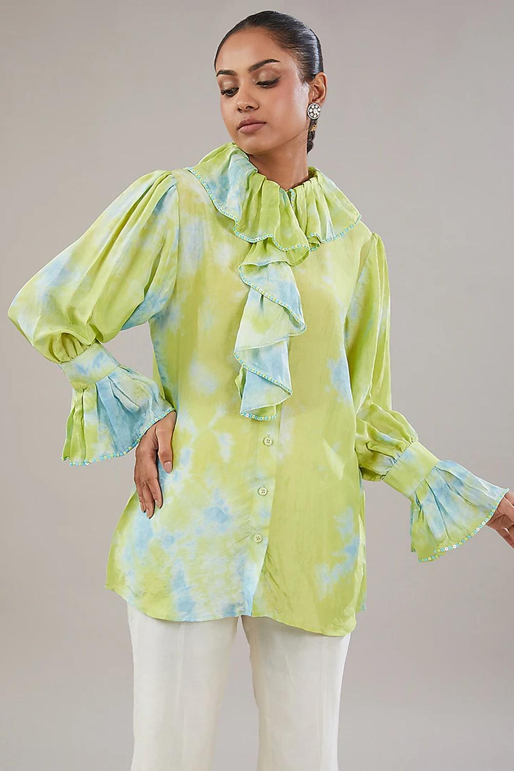 Green Base And Blue Tie-Dye Silk Frill Sequence Embroidered Shirt.