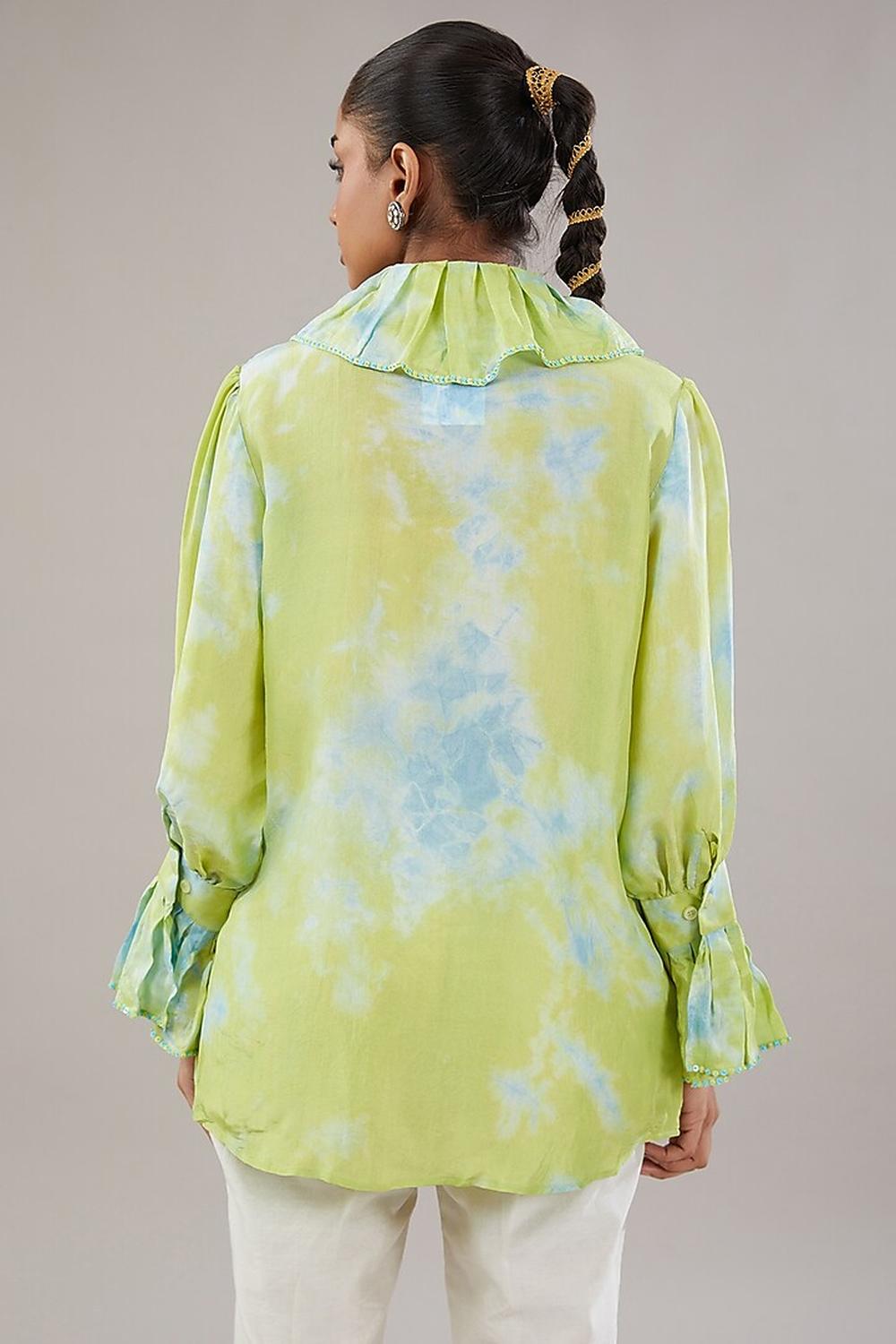 Green Base And Blue Tie-Dye Silk Frill Sequence Embroidered Shirt.
