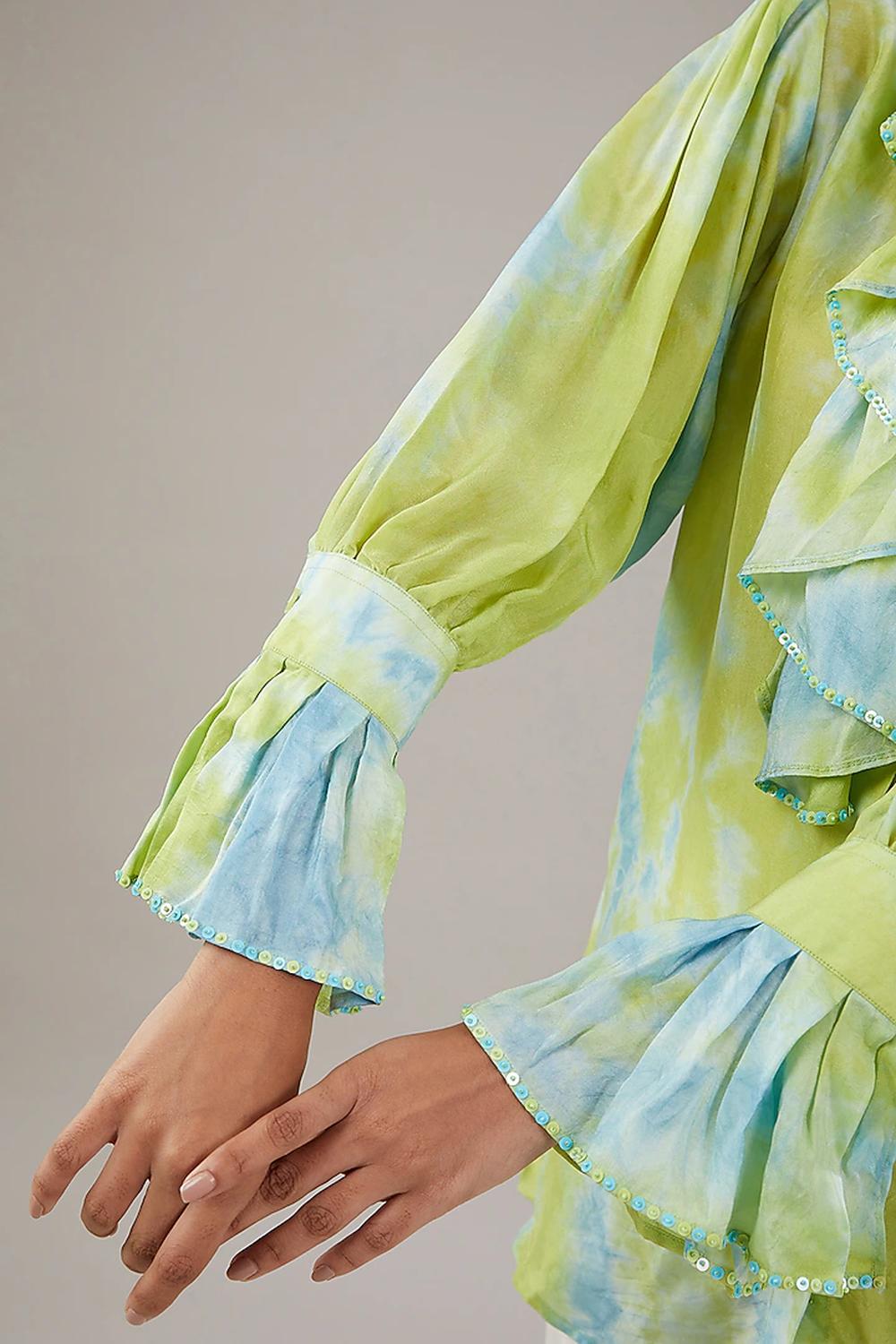 Green Base And Blue Tie-Dye Silk Frill Sequence Embroidered Shirt.