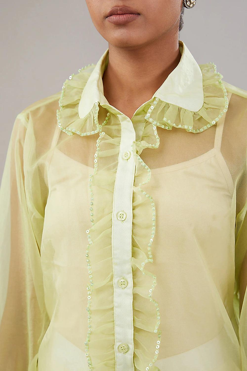 Light Green Organza Frill Sequence Embroidered Shirt.