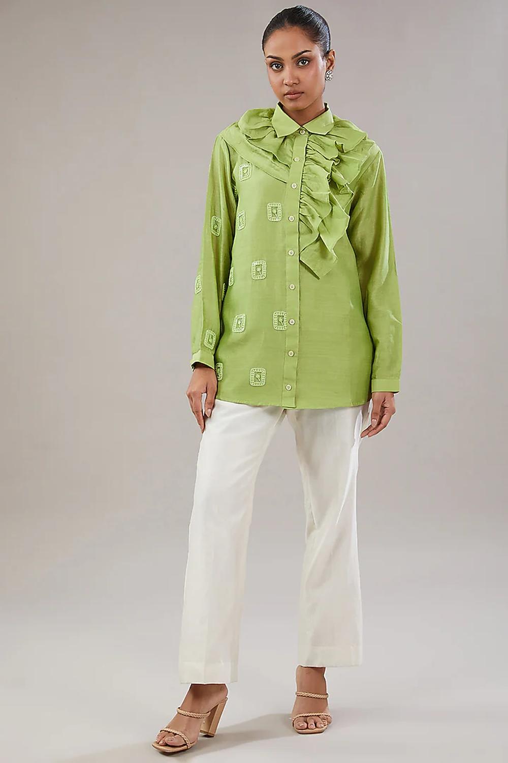 Green Silk Floral Embroidered Shirt And Pant.