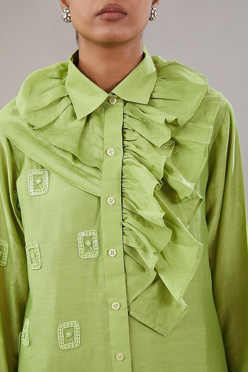 Green Silk Floral Embroidered Shirt And Pant.