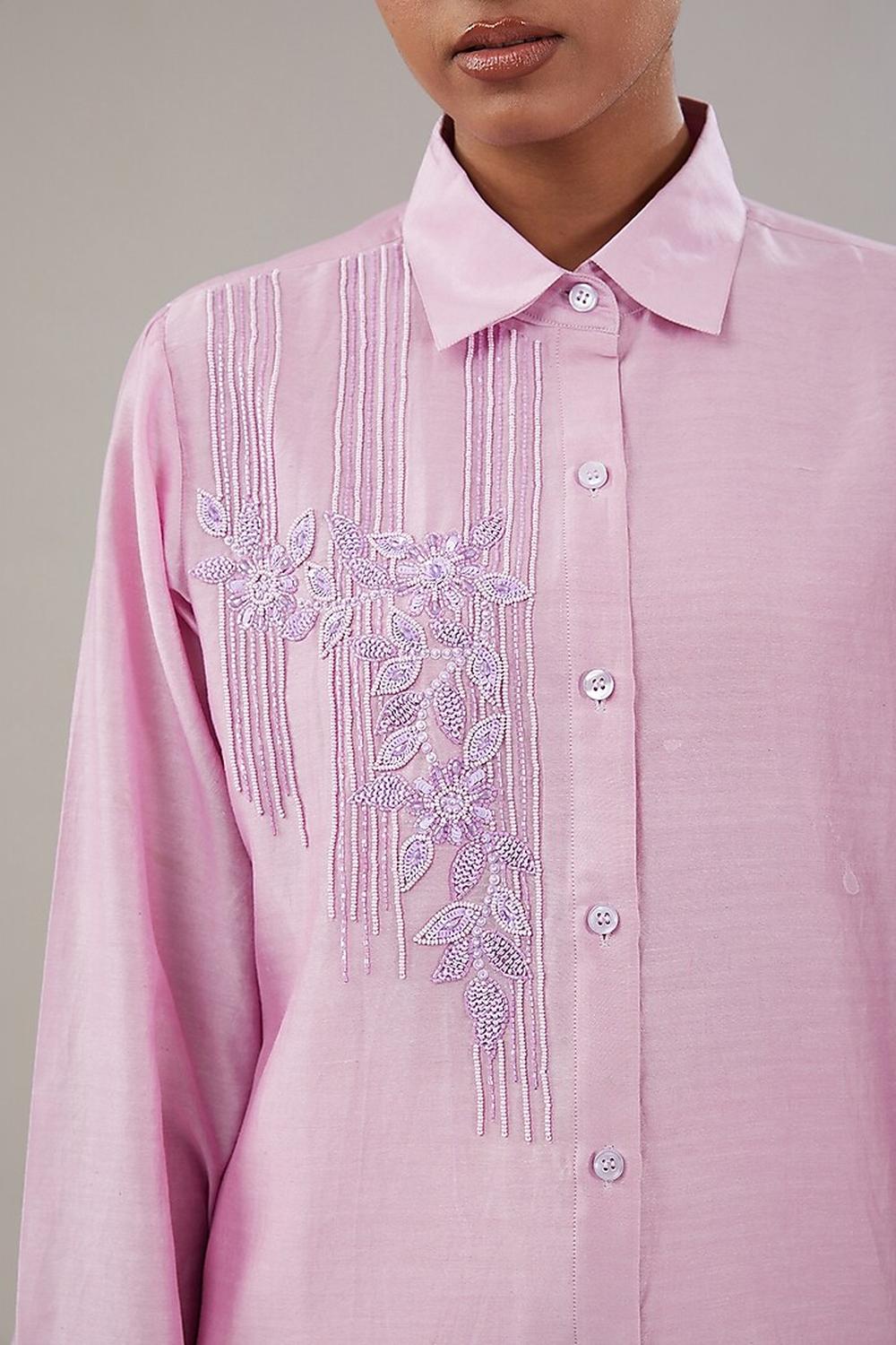 Lilac Silk Floral Embroidered Shirt With Pant .