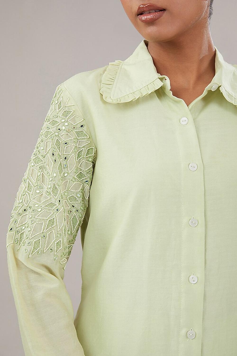 Light Green Silk Geometric Embroidered Shirt And Pant.