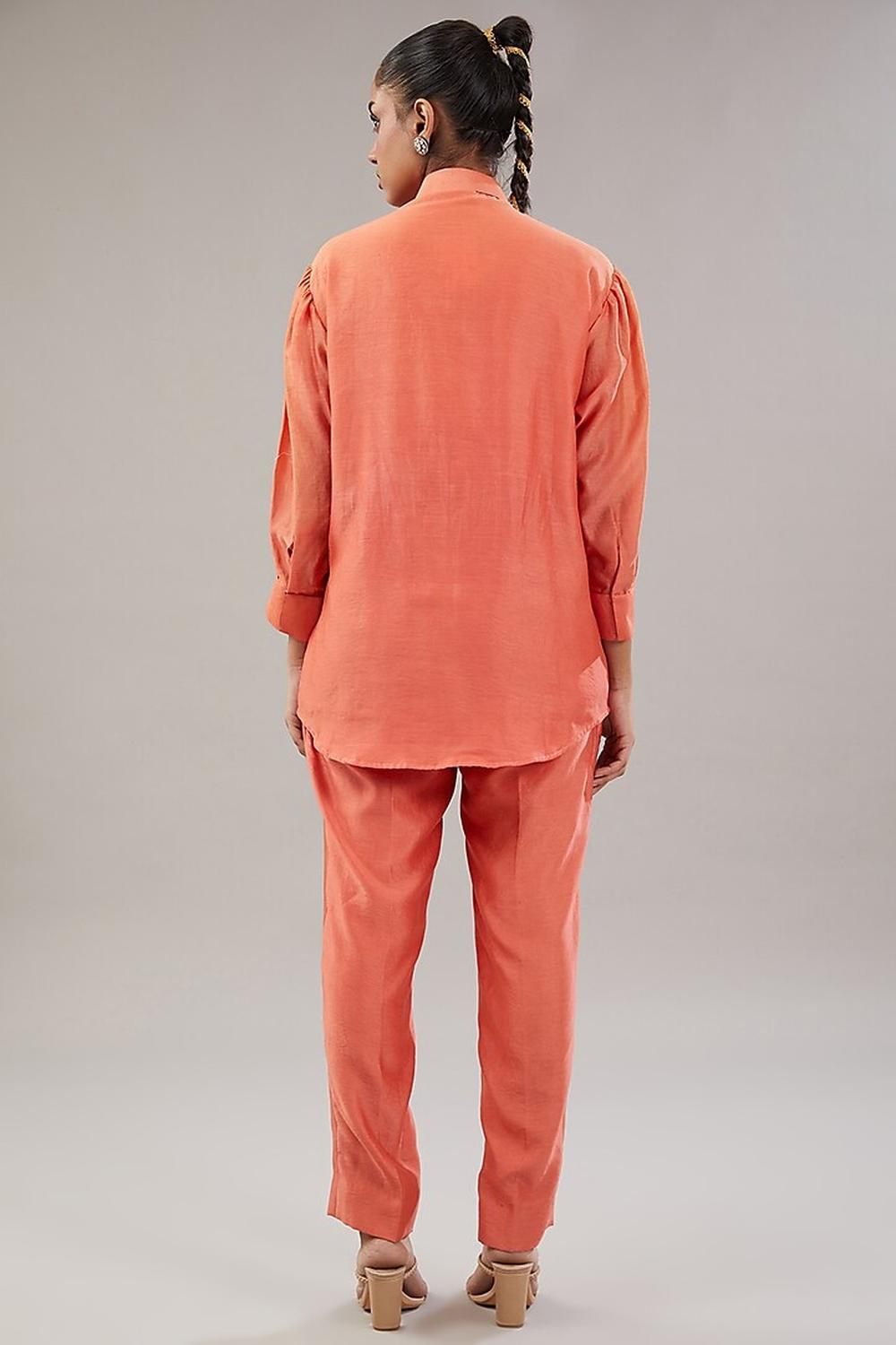 Light Orange Silk Geometric Embroidered Shirt And Pant.
