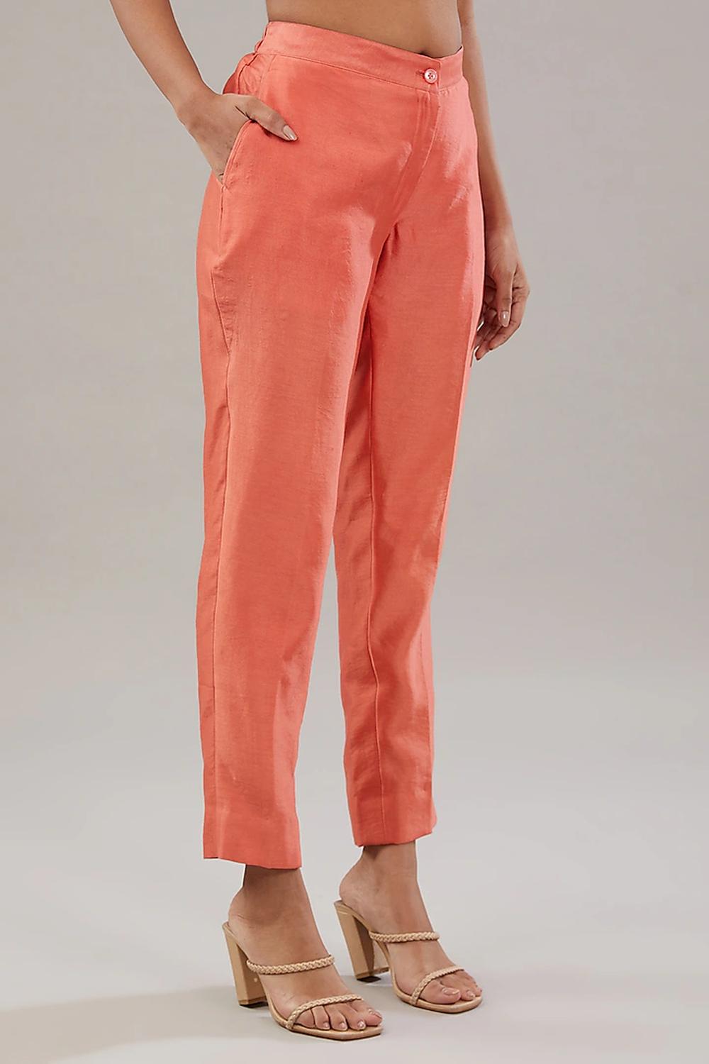 Light Orange Silk Geometric Embroidered Shirt And Pant.