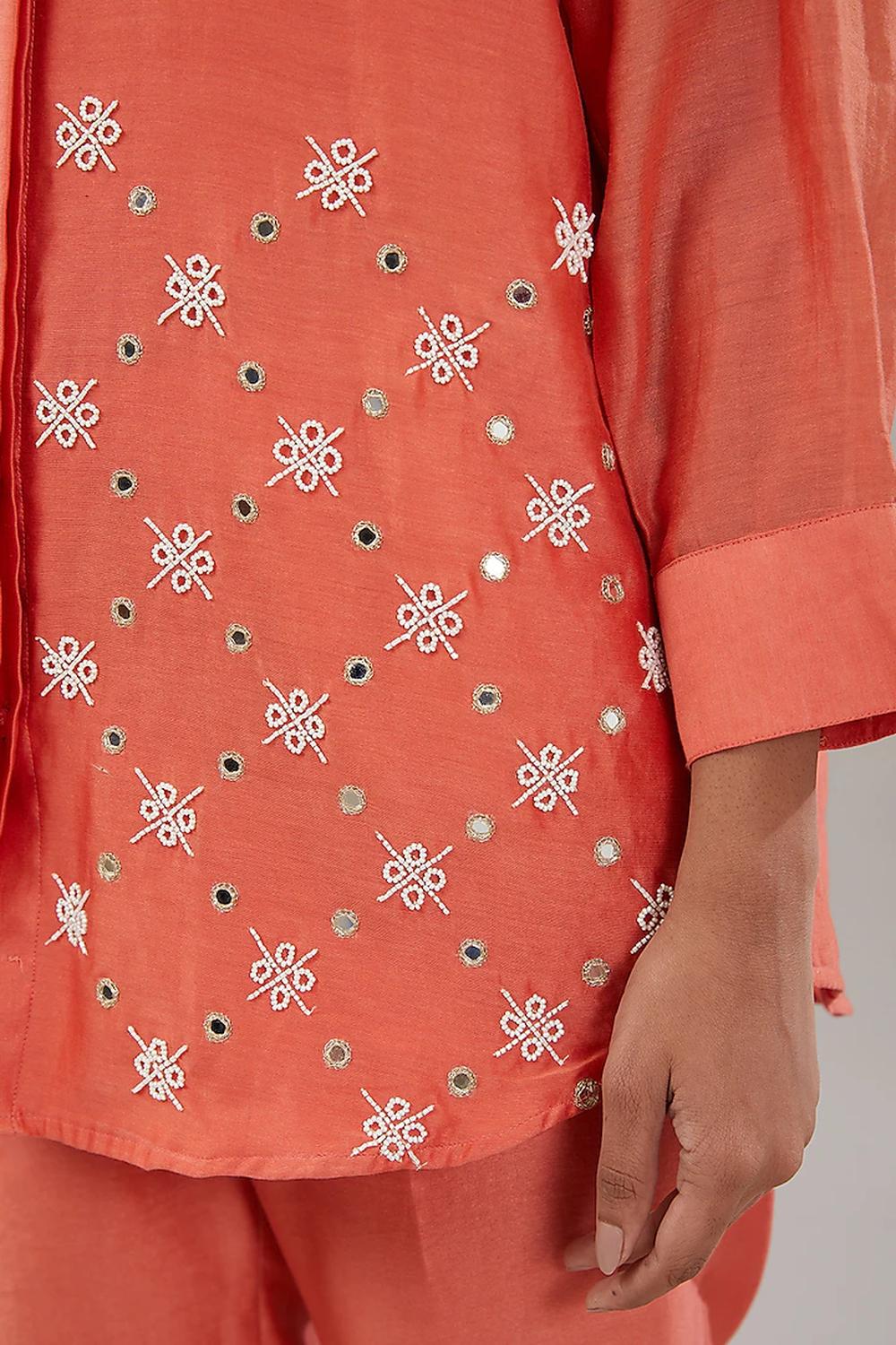 Light Orange Silk Geometric Embroidered Shirt And Pant.