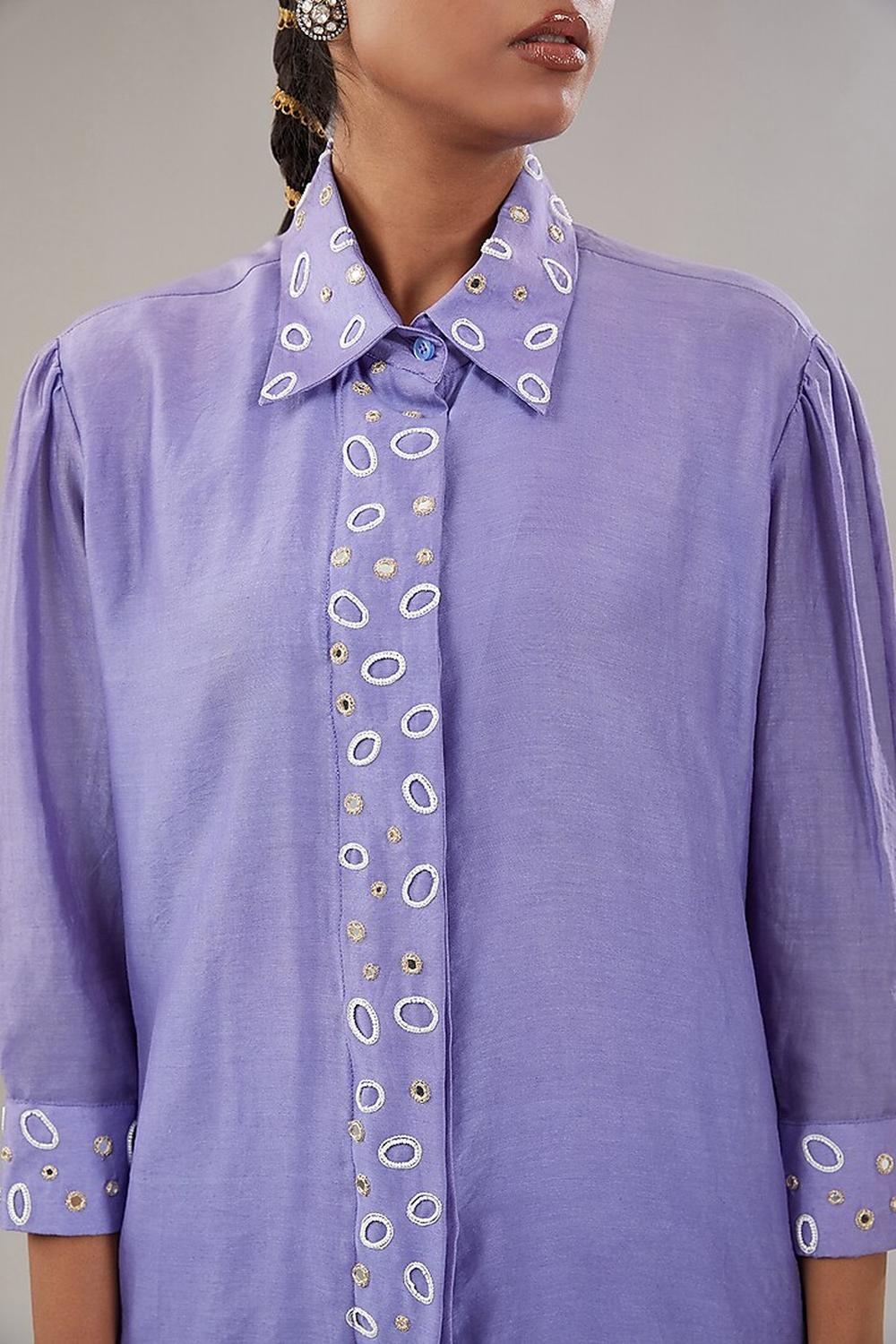 Light Purple Silk Geometric Embroidered Shirt And Pant.