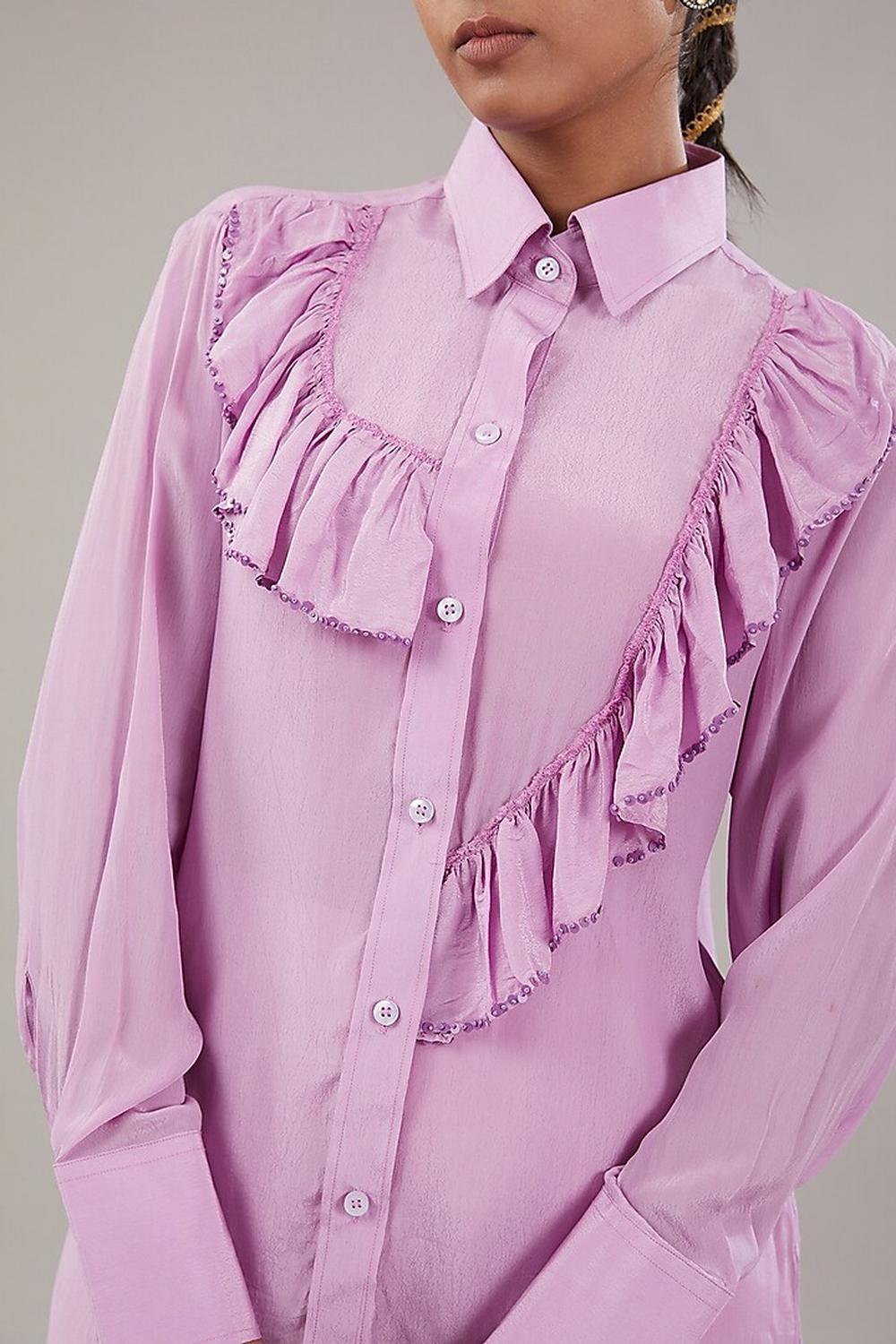 Lilac Crepe Frill Sequence Embroidered Shirt.