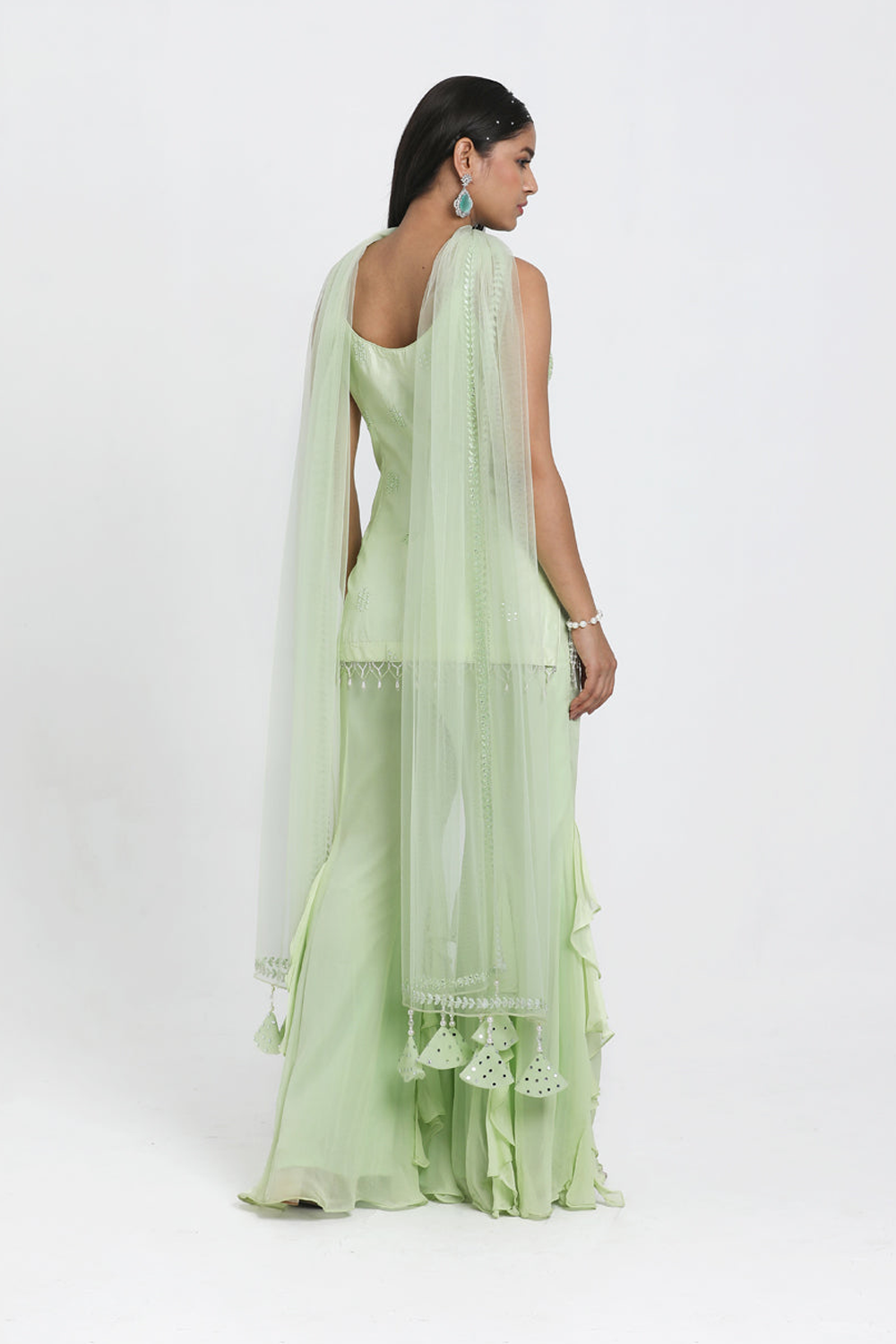 Mint Green Straight Suit With Inserted Frill Sharara & Dupatta Set