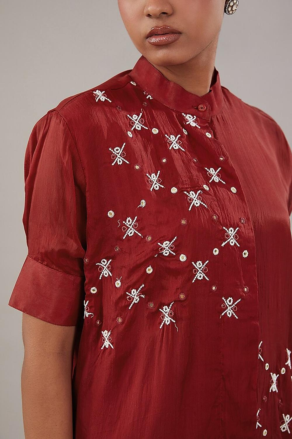 Mahroon Silk Geometric Embroidered Shirt And Pant.