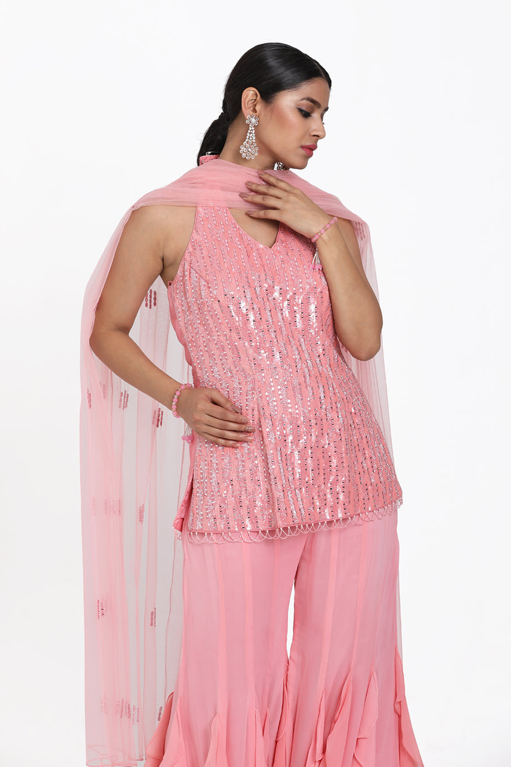 Onion Pink Halter Suit With Frill Inserted Sharara & Dupatta Set.