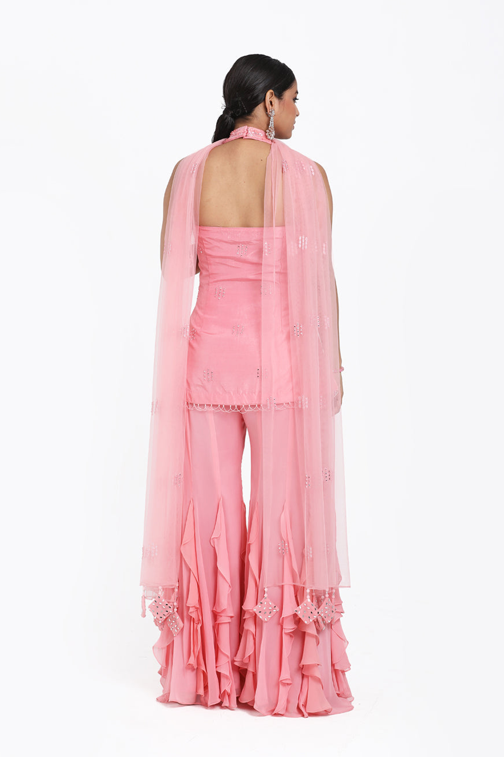 Onion Pink Halter Suit With Frill Inserted Sharara & Dupatta Set.