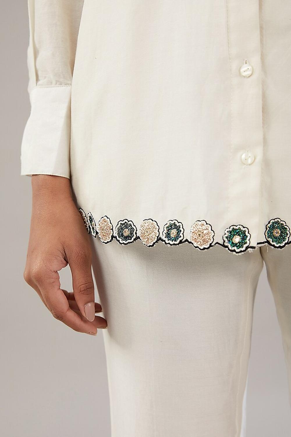 Off White Silk Floral Embroidered Shirt And Pant.